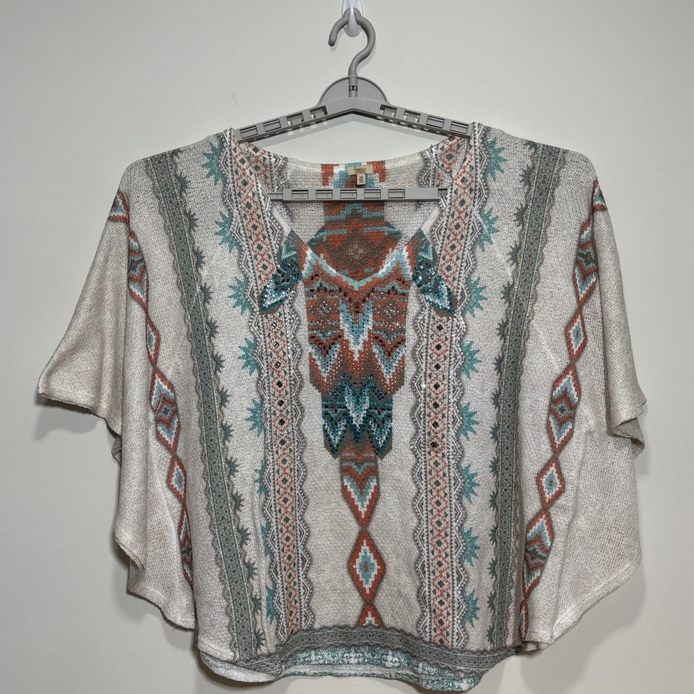 Reba Boxy Kimono Top Teal Southwest Boho Embellished Blouse Relaxed USA Size 2X
